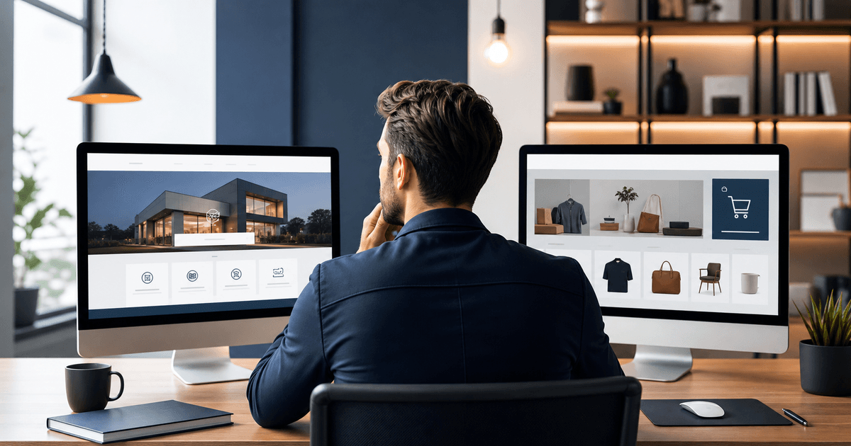 Professionista che confronta su due schermi un sito vetrina e un sito e-commerce