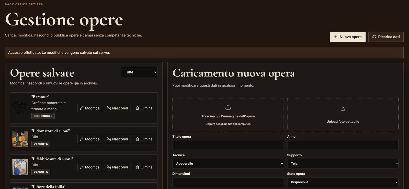 Back office custom per la gestione opere di Sogno Nauta Lab